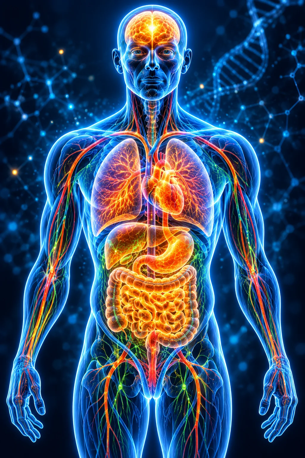 Conceptual luminous anatomical artwork showing circulation and organ systems; not diagnostic imagery