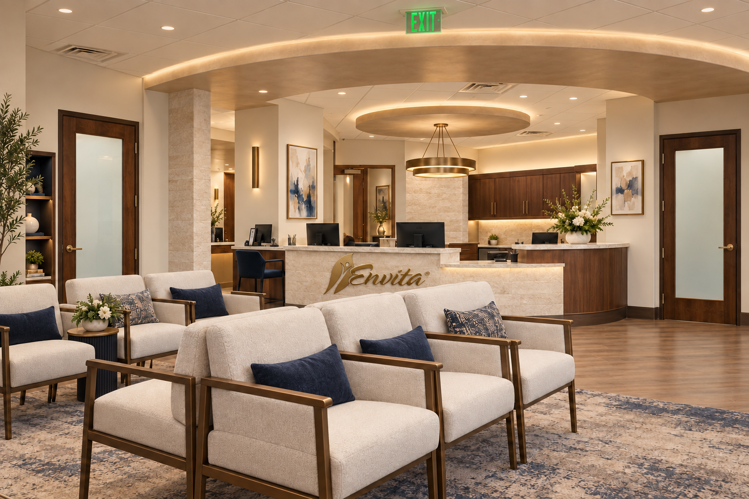 Illustrative rendering of the modernized Envita reception area, with cream seating and the gold Envita logo centered beneath a pendant light.