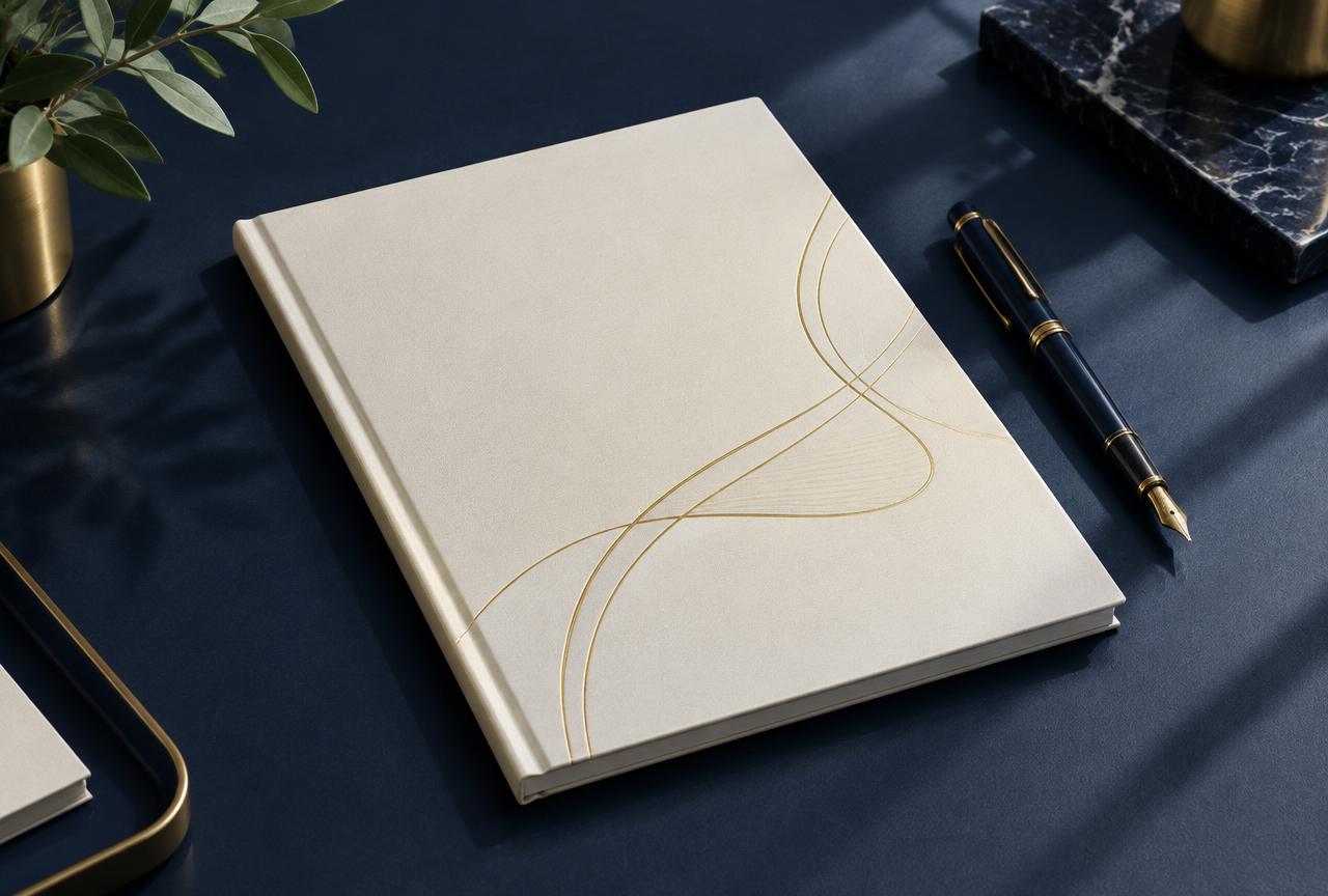 Illustrative ivory health-planning booklet on a navy desk