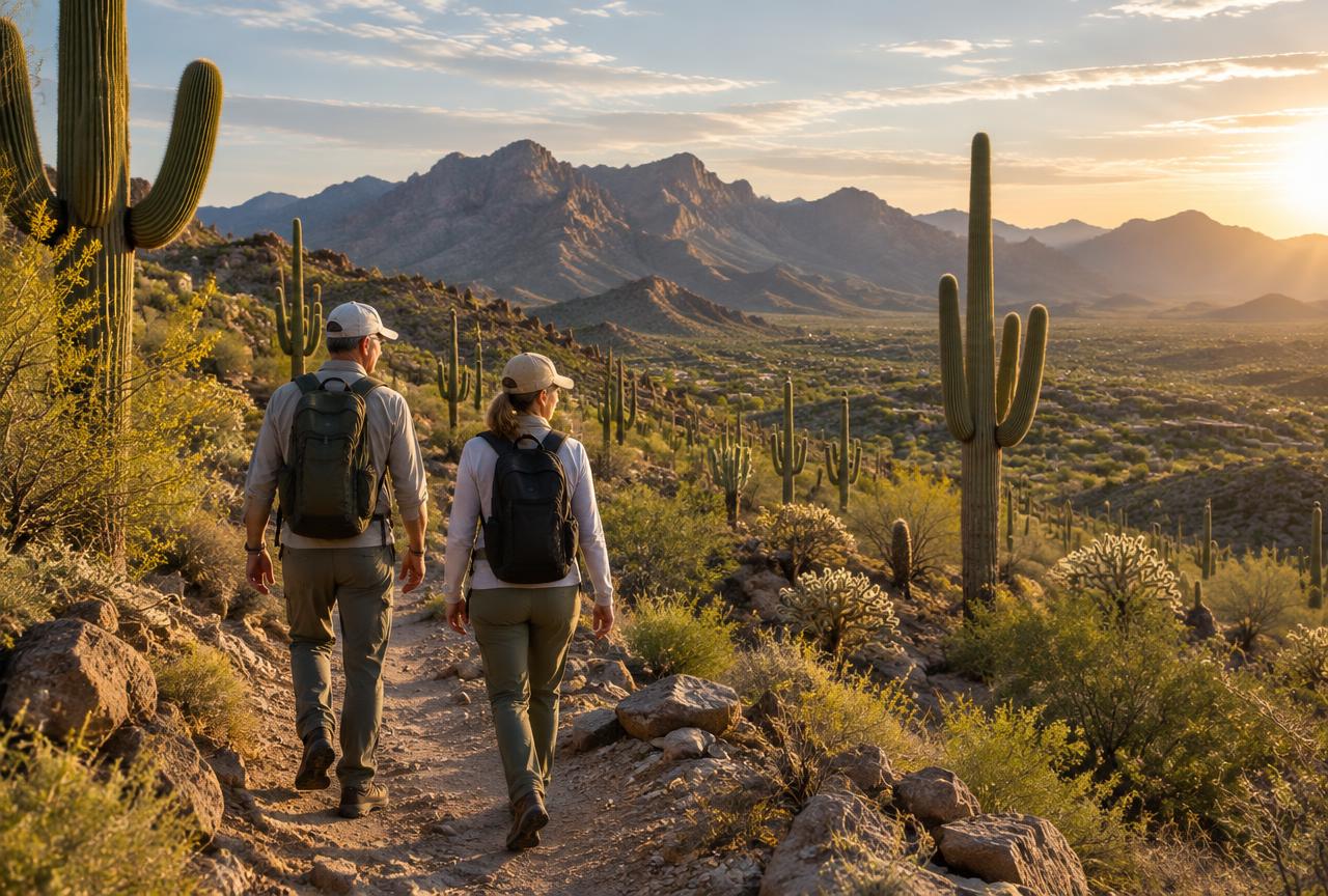 Illustrative couple walking a Sonoran desert trail