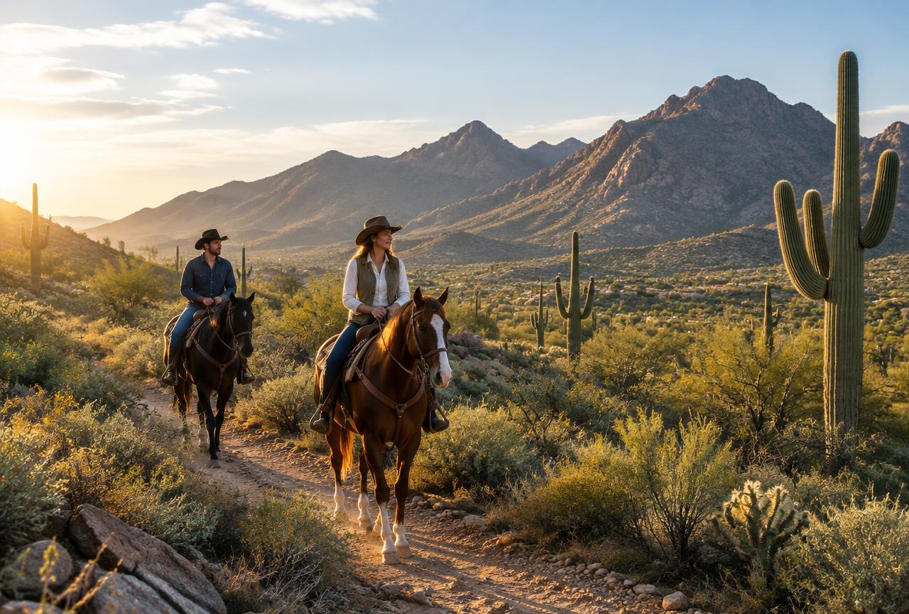 Illustrative riders on a desert trail