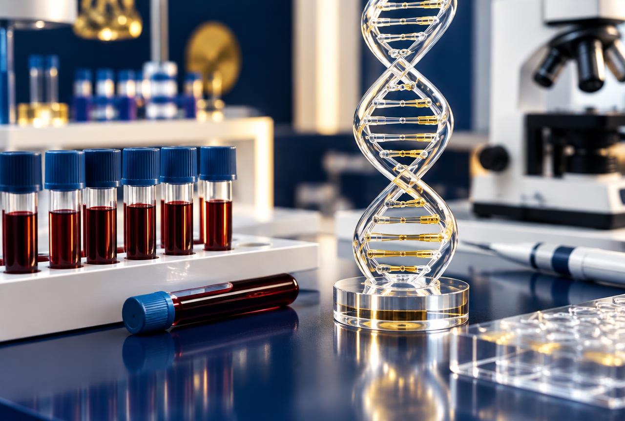 Illustrative precision laboratory with sample vials and a glass DNA model