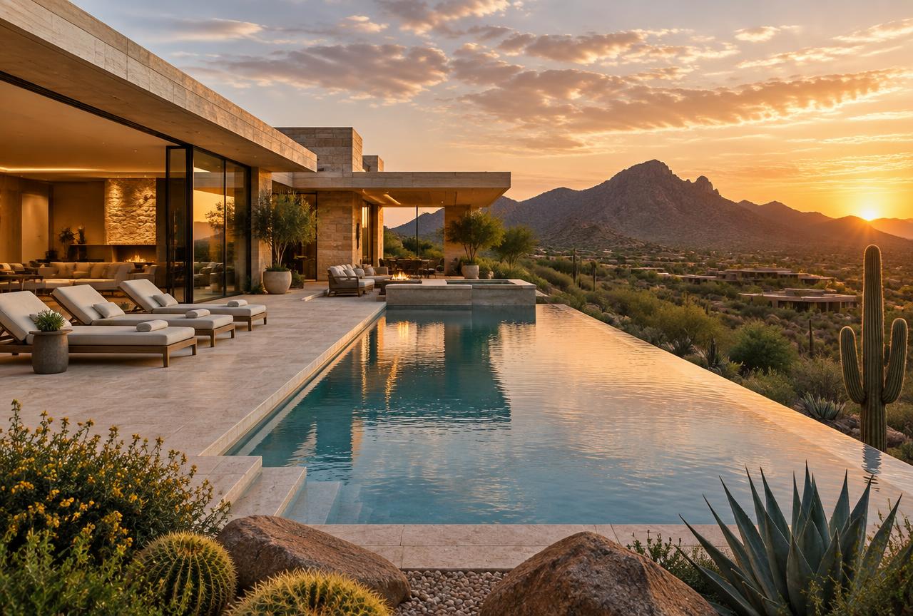 Illustrative North Scottsdale desert residence and infinity pool at sunset