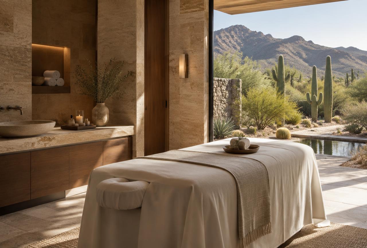 Illustrative desert-view massage treatment room