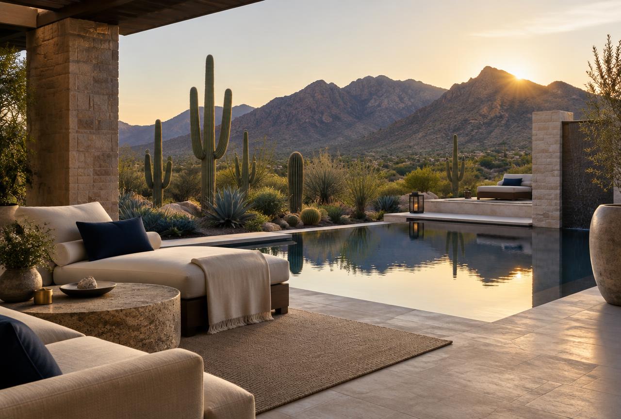 Illustrative tranquil desert terrace and reflecting pool
